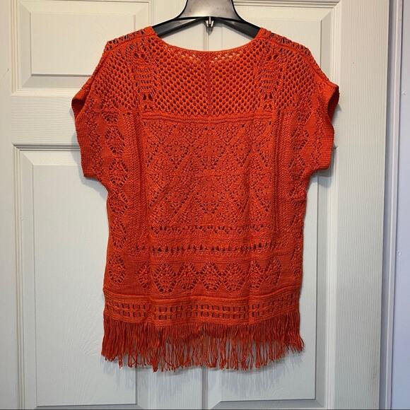 Chico's Alana Fringe Pullover Crochet Short Sleeve Sweater Uptown Orange NEW - Picture 2 of 5